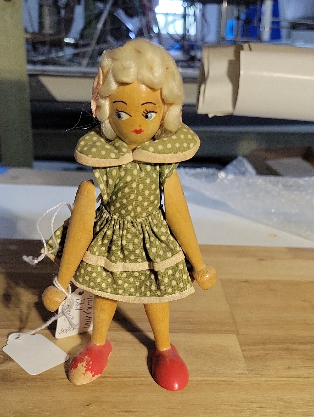 Vintage Wooden Doll in Green Polka Dot Dress